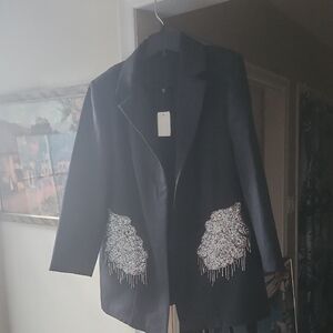 Shimmery Jacket with intricate beaded applique on back 9"x7" & Pockets